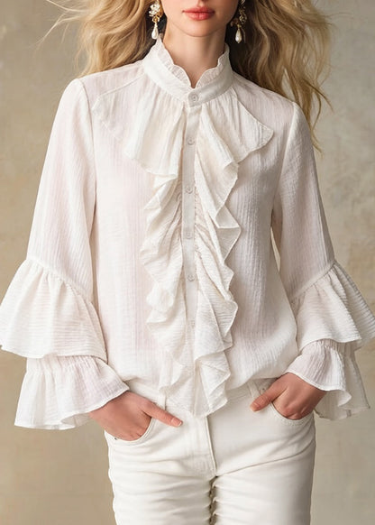 Apricot Stand Collar Ruffled Button Cotton Shirt Spring