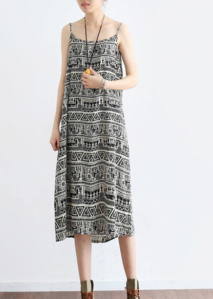 Classy Black Geometric a Line Camisole Cotton Spaghetti Strap Dress