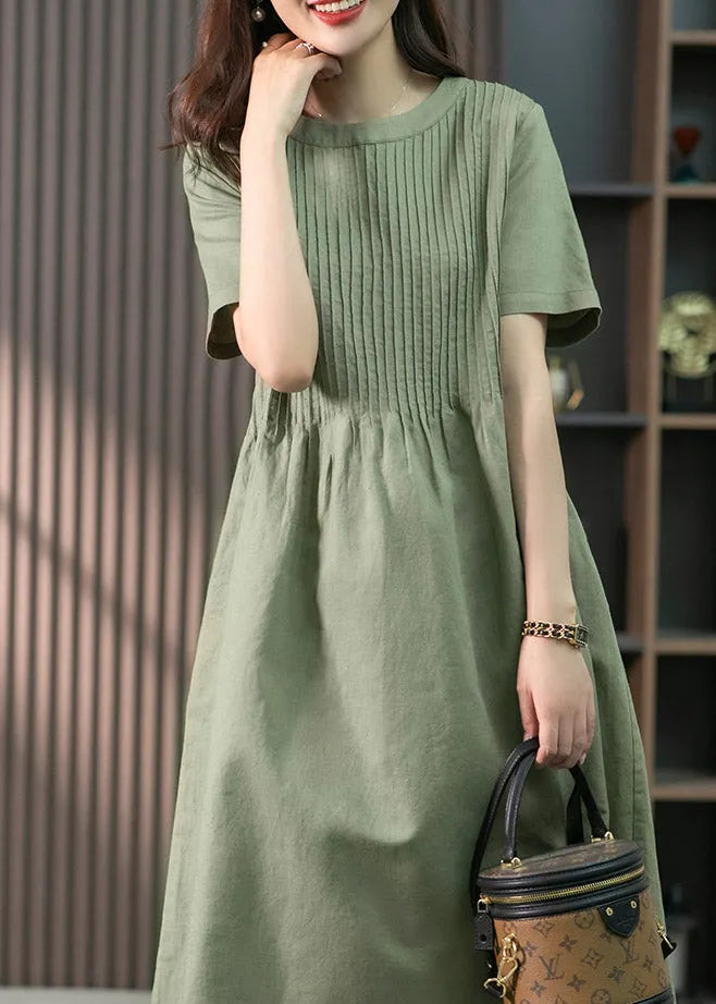 French Green O-neck Wrinkled Linen Dress Short Sleeve