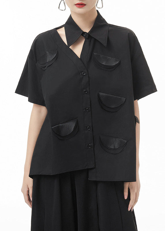 Black Asymmetrical Design Shirt Top Short Sleeve