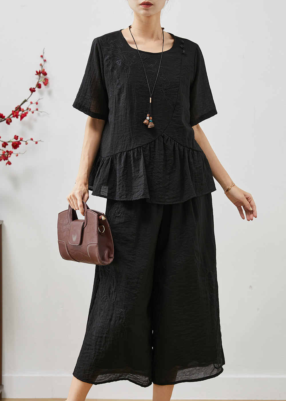 Black Embroidered Patchwork Linen Two Pieces Set Summer