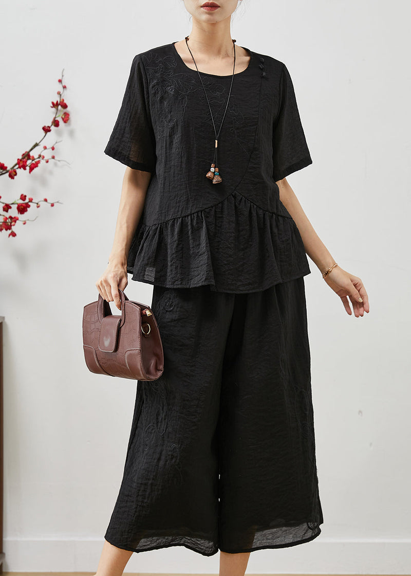 Black Embroidered Patchwork Linen Two Pieces Set Summer