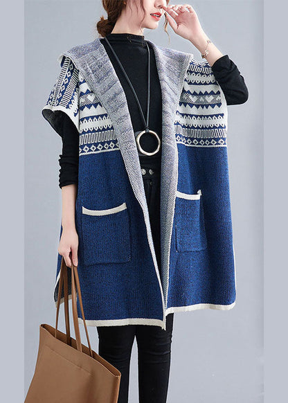 French Blue Hooded Side Open Short Sleeve Fall Knit Sweaters Coat/ships 30 Days