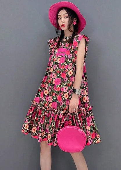 Unique O-neck Print Wrinkled Mid Dresses Short Sleeve