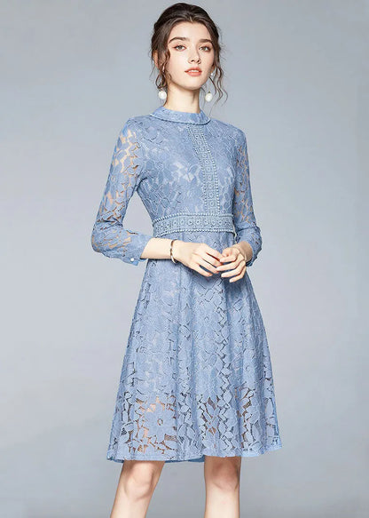 Handmade Blue Stand Collar Lace Cinch Dresses Bracelet Sleeve
