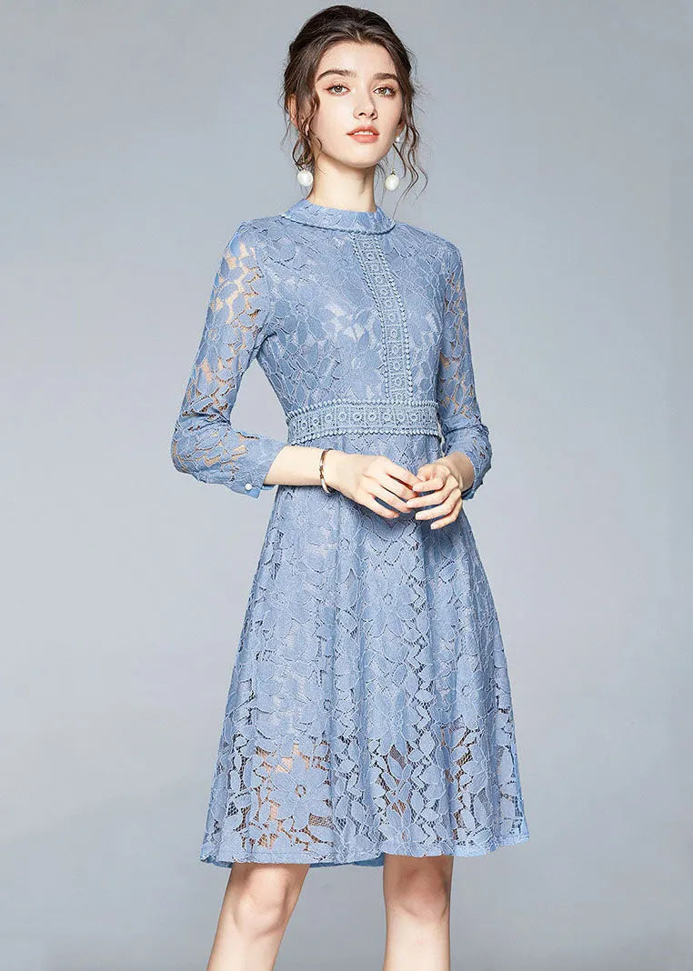 Handmade Blue Stand Collar Lace Cinch Dresses Bracelet Sleeve