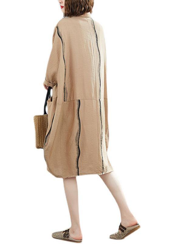 Classy Khaki Patchwork Pockets Summer Half Sleeve Holiday Dress
