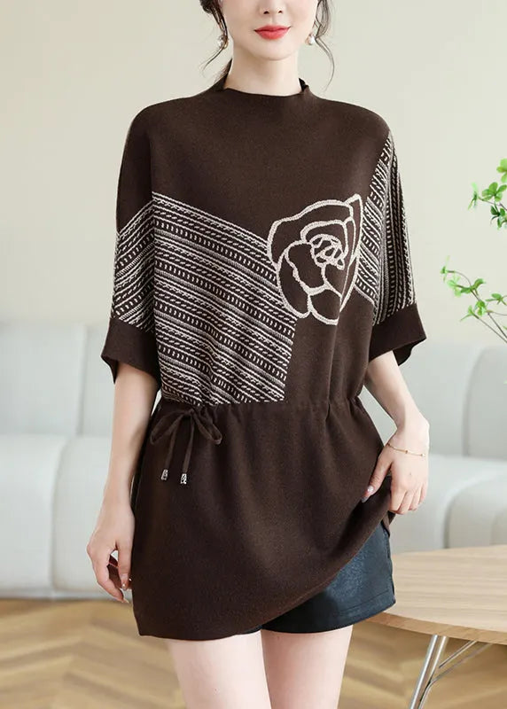 New Coffee O-neck Print Drawstring Knit Top Spring