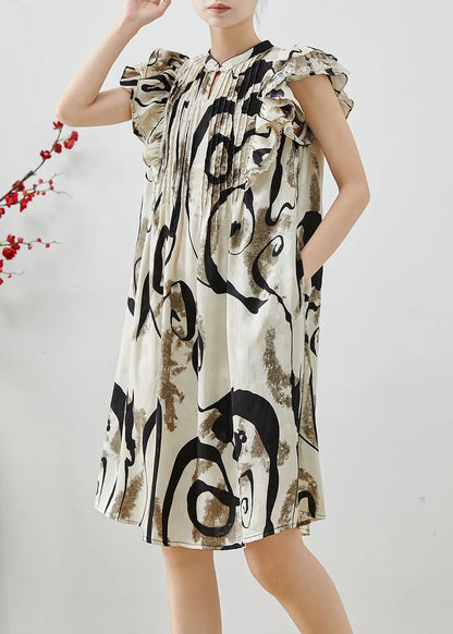 Print Wrinkled Chiffon Mid Dress Butterfly Sleeve