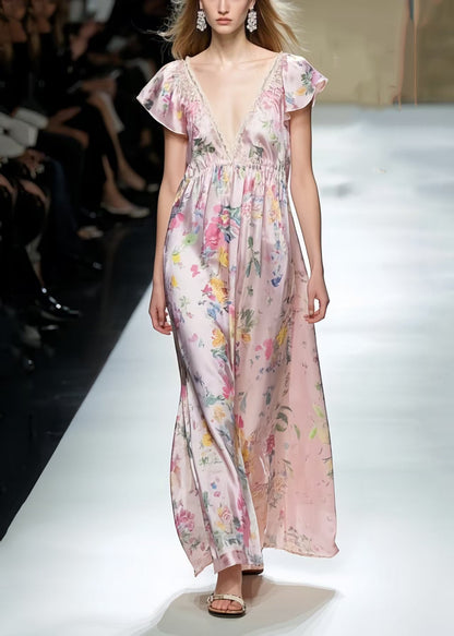 Modern Pink Print Silk Vacation Dresses Cinched Sleeveless Summer