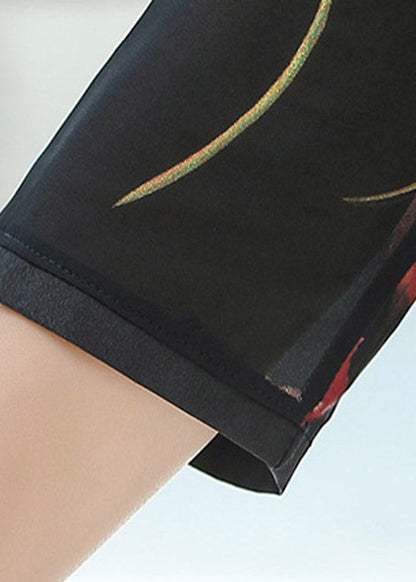 Black Peter Pan Collar Print Button Silk Tops Bracelet Sleeve