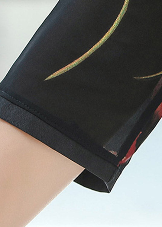 Black Peter Pan Collar Print Button Silk Tops Bracelet Sleeve