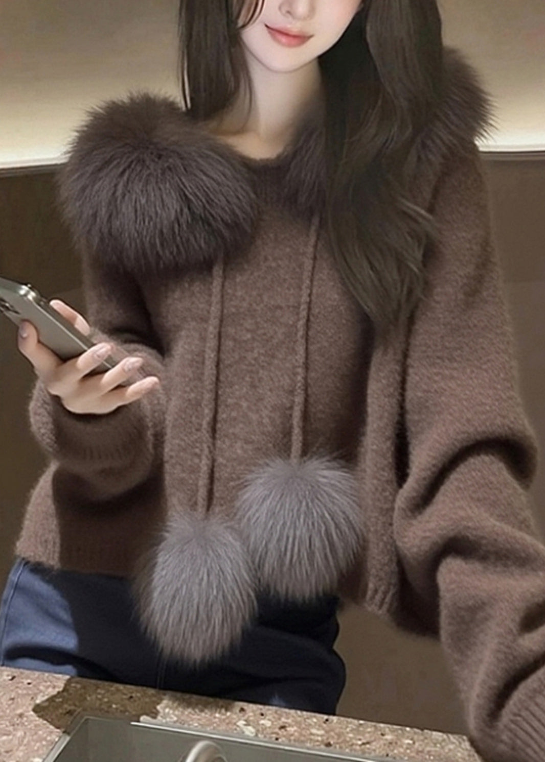 Modern Brown Hooded Patchwork Faux Fur Knit Sweater Tops Spring