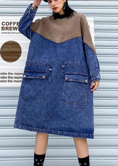 Vivid Denim Blue Clothes Patchwork Drawstring Robe Spring Dresses