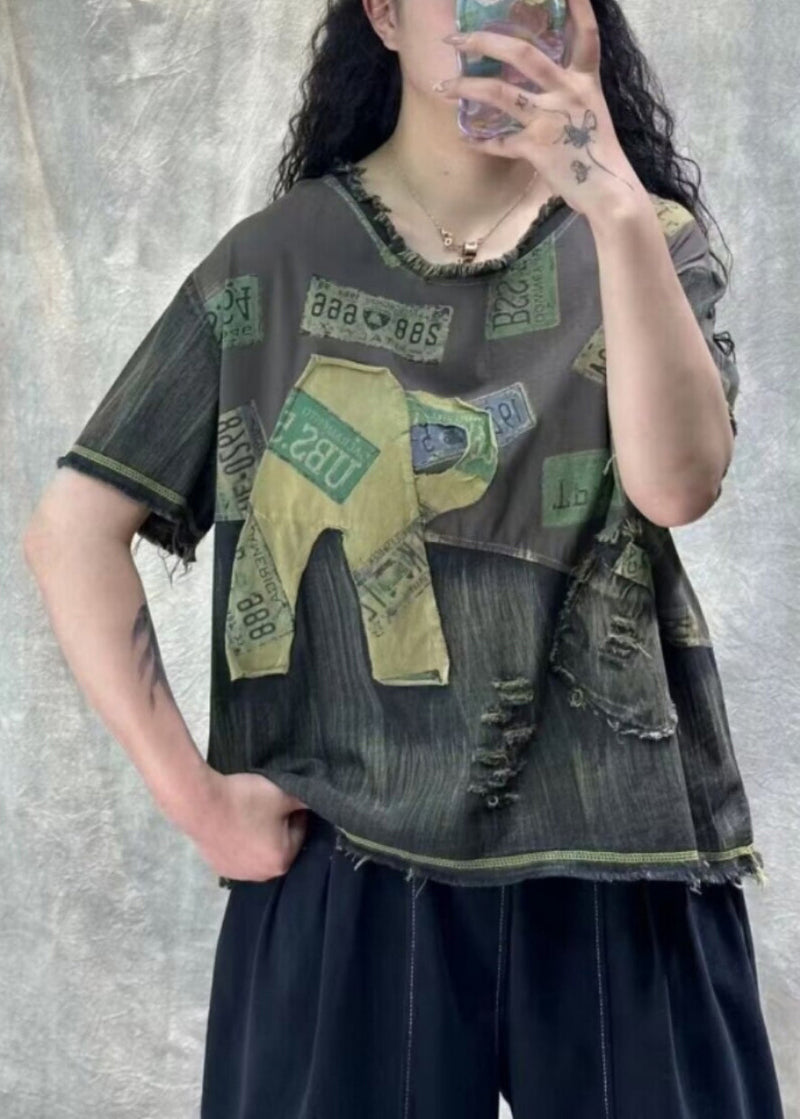 Orange Print Hole Patchwork T Shirt Denim Summer
