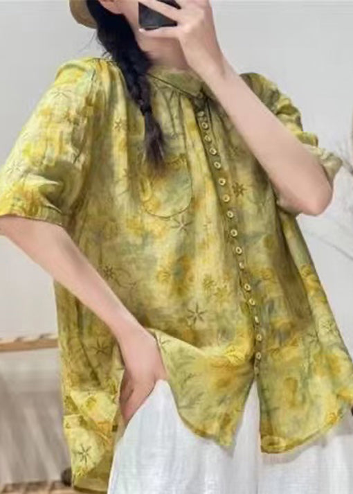 Yellow Peter Pan Collar Print Cotton Blouse Tops Summer