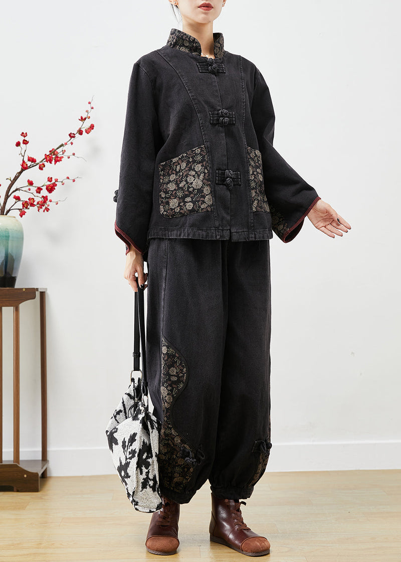 Black Stand Collar Patchwork Print Denim 2 Piece Outfit Fall