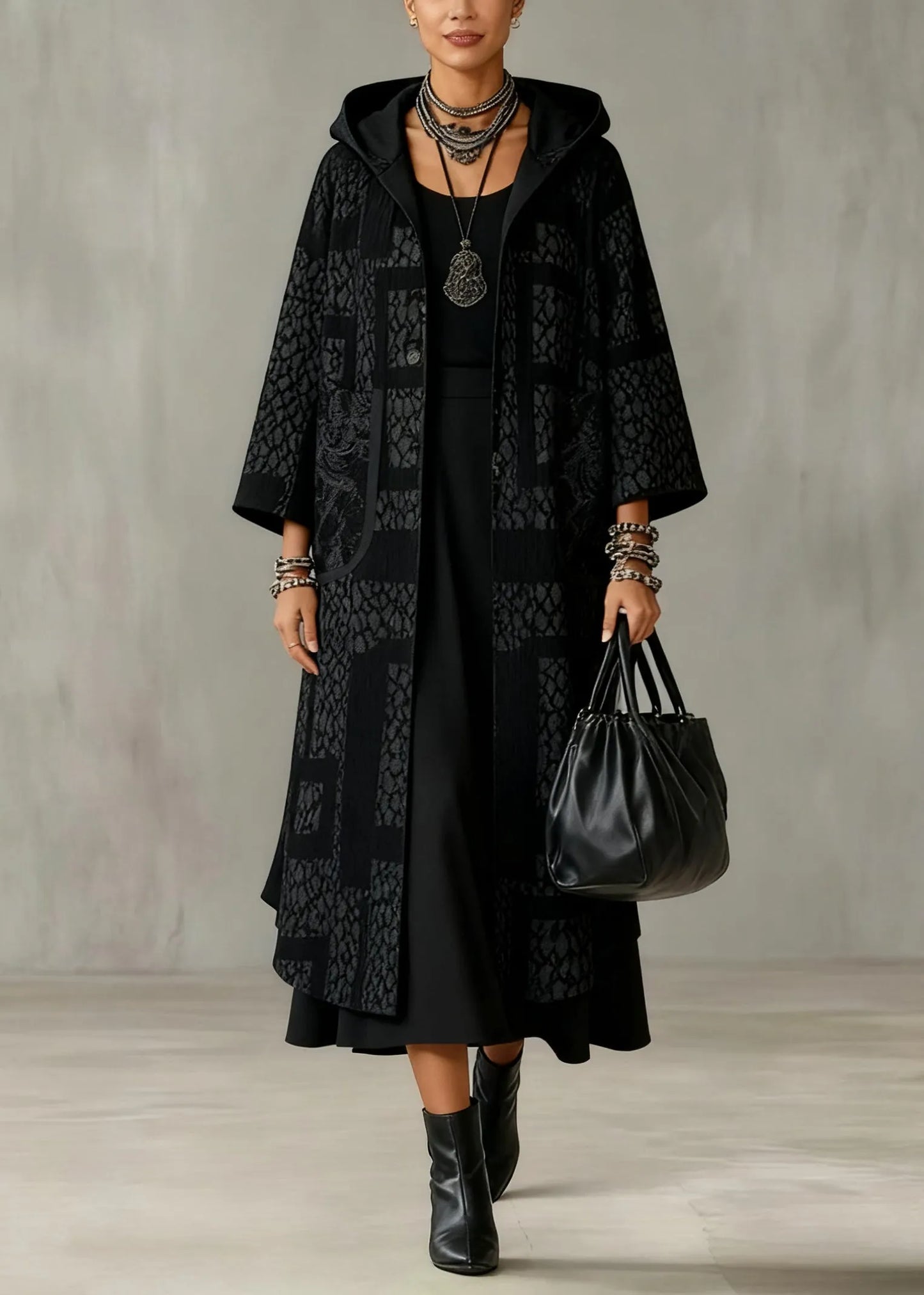 Jacquard Black Hooded Button Pockets Cashmere Long Coats Spring