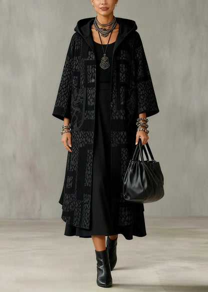 Jacquard Black Hooded Button Pockets Cashmere Long Coats Spring