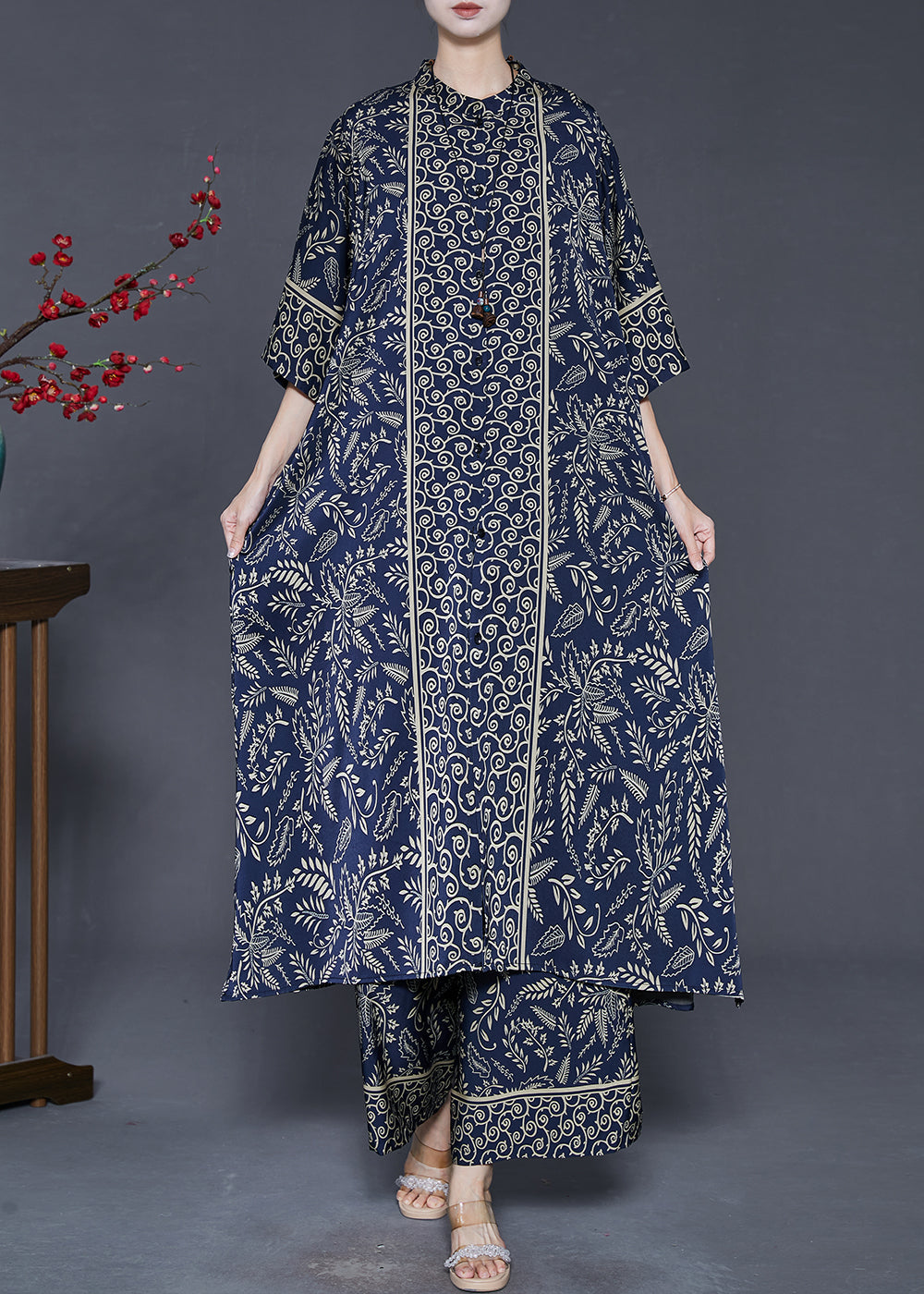 Navy Print Silk Two Piece Set Clothing Oversized Summer