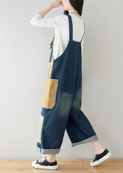 Style Dark Blue Pockets Patchwork Cotton Denim Jumpsuits Spring