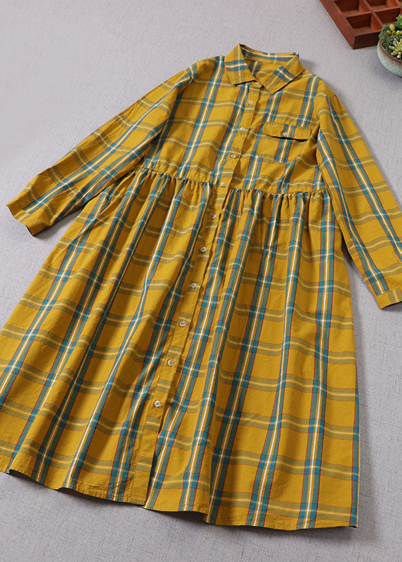 Yellow Green Plaid Peter Pan Collar Button Cotton Holiday Dress Long Sleeve
