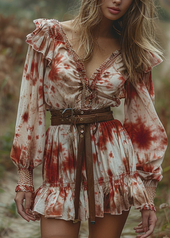 V Neck Ruffled Tie Dye Cotton Mini Dress Long Sleeve