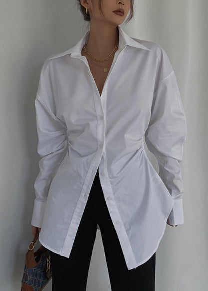 White Cinched Cotton Blouse Tops Spring