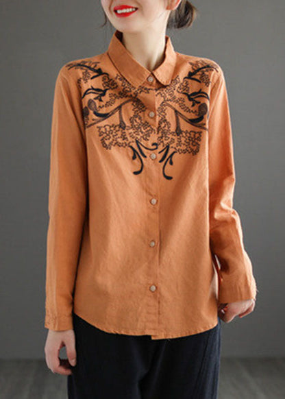 Orange Turn-down Collar Embroideried Cotton Shirt Top Long Sleeve
