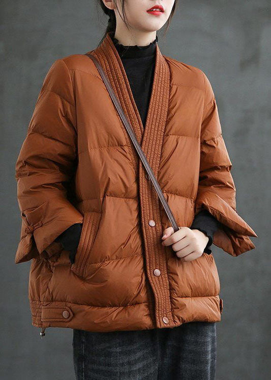 Caramel V Neck Button Thick Winter Jackets