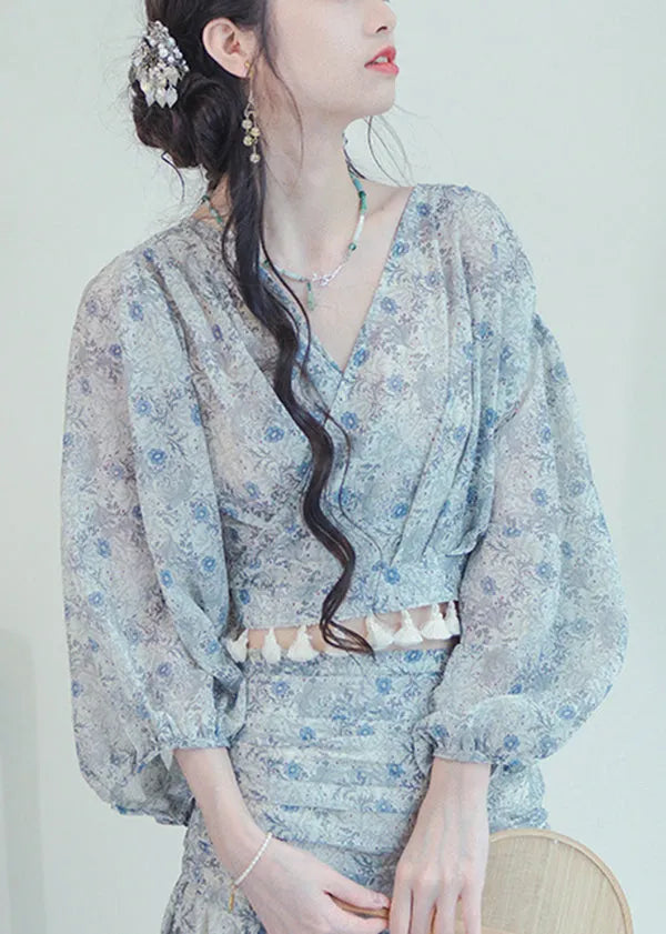 Blue V Neck Print Top and Skirts Two-piece Set Fall