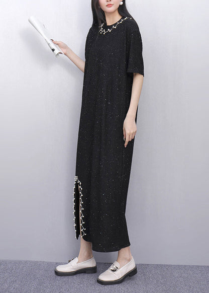 Black Sequins Side Open Cotton Straight Dress Summer