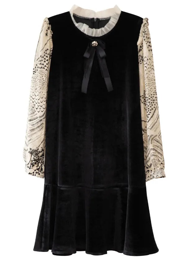 Classy Black Ruffled Print Patchwork Silk Velour Mid Dress Fall