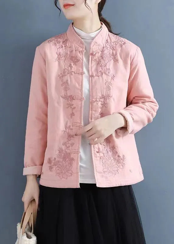 Purple Embroidered Oriental Button Fine Cotton Filled Coats Spring