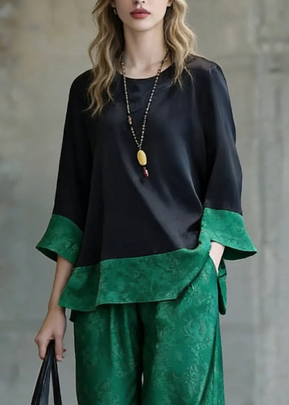 Loose Green Print Side Open Patchwork Silk Two Pieces Set Bracelet Sleeve