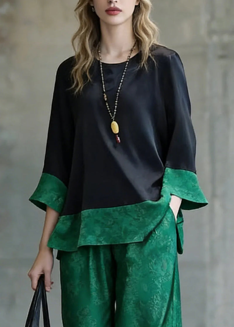 Loose Green Print Side Open Patchwork Silk Two Pieces Set Bracelet Sleeve