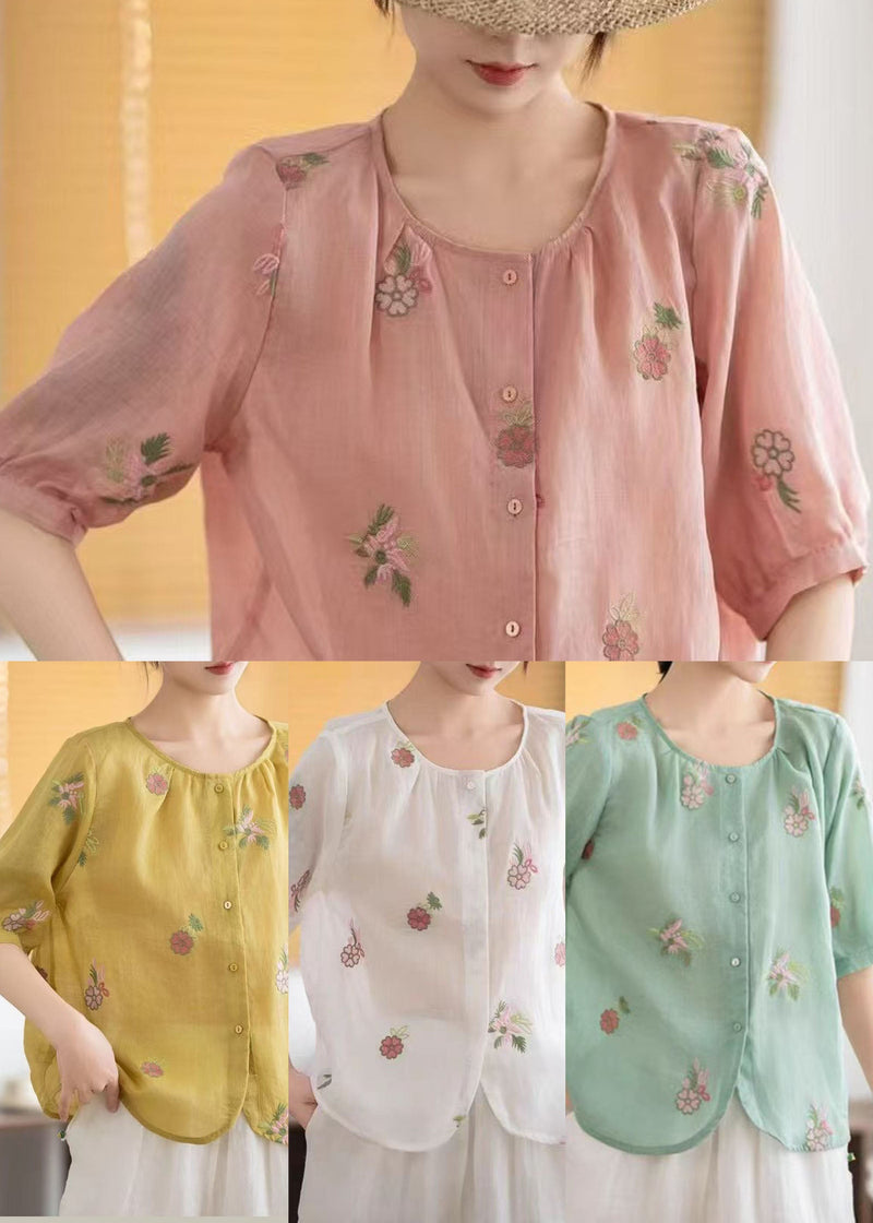 Red Linen Shirts O-neck Embroidered Summer