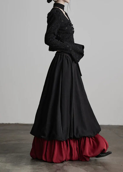 Black Wrinkled Patchwork False Two Pieces Cotton Skirts Fall