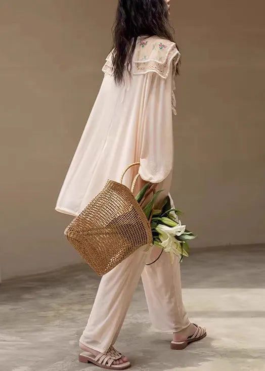 New Apricot Original Design Print Ice Silk Pajamas Two Pieces Set Fall
