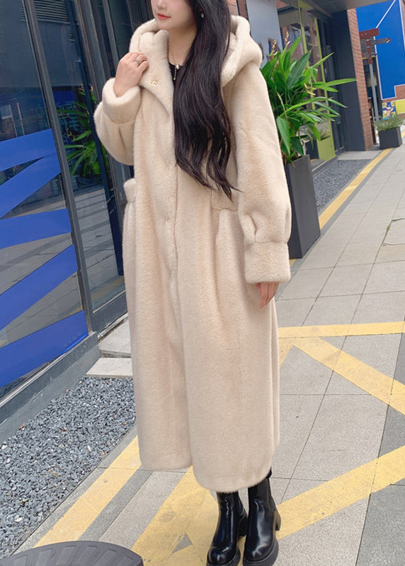 Beige Button Leather and Fur Hooded Maxi Coat Long Sleeve