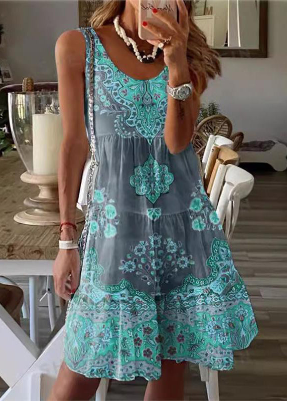 Yellow Green Print Cotton Mid Dress Sleeveless