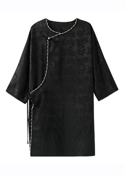 Art Black O-neck Nail Bead Silk Mid Dress Long Sleeve