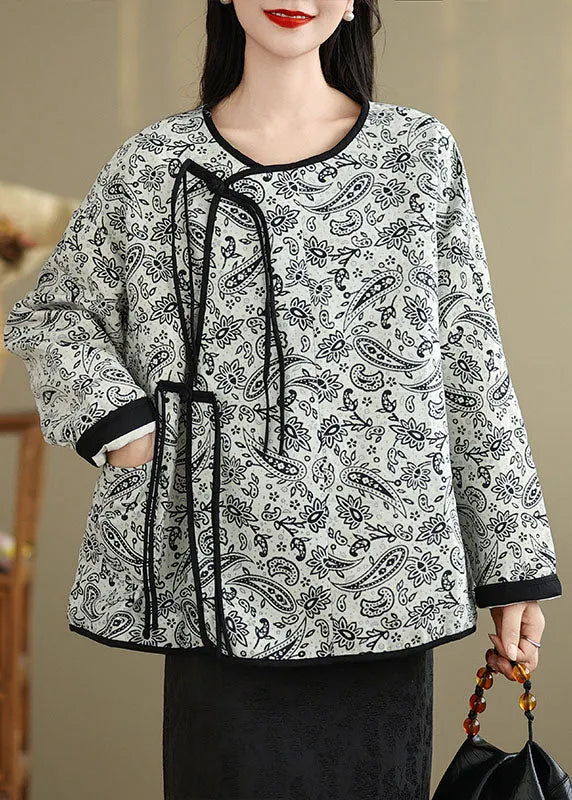 Retro O-neck Tassel Pockets Print Cotton Coat Spring