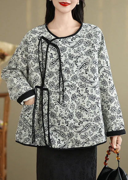 Retro O-neck Tassel Pockets Print Cotton Coat Spring