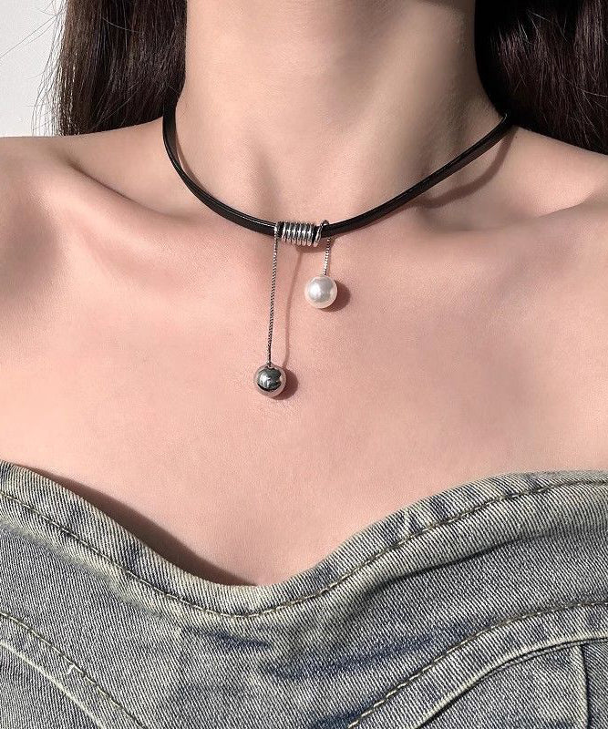 Handmade Black Leather Pearl Pendant Necklace