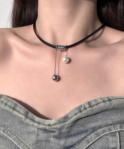 Handmade Black Leather Pearl Pendant Necklace