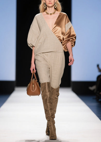Asymmetrical Silk Patchwork Linen Jumpsuit Batwing Sleeve
