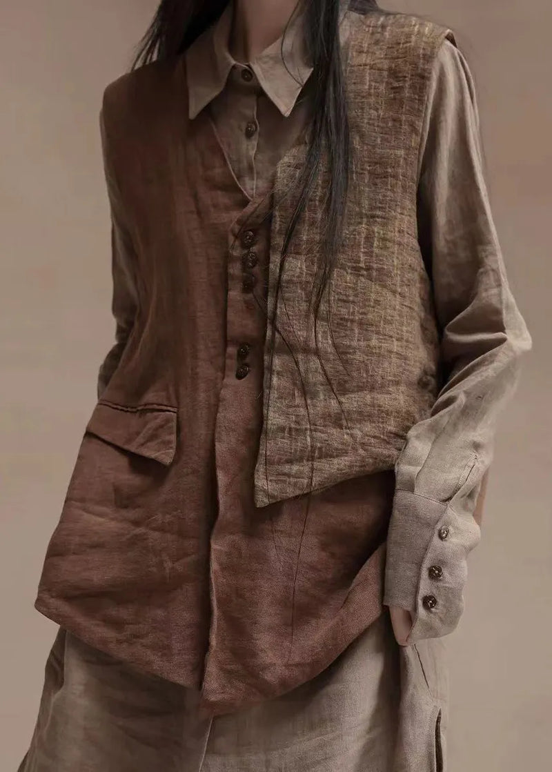 Brown V Neck Asymmetrical Design Patchwork Linen Waistcoat Top Sleeveless