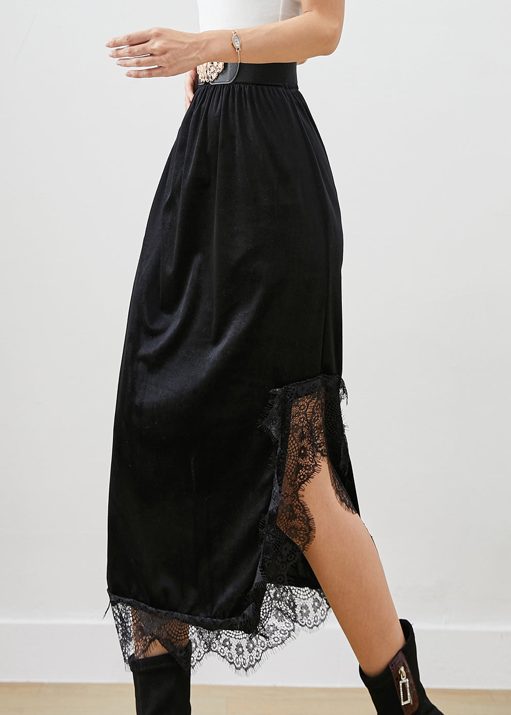Black Lace Patchwork Side Open Silk Velour Skirts Fall