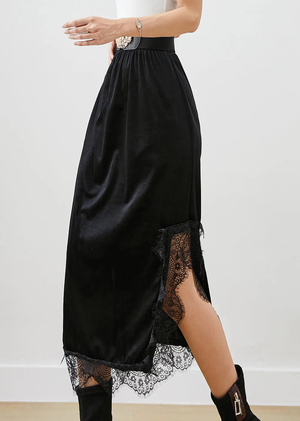Black Lace Patchwork Side Open Silk Velour Skirts Fall